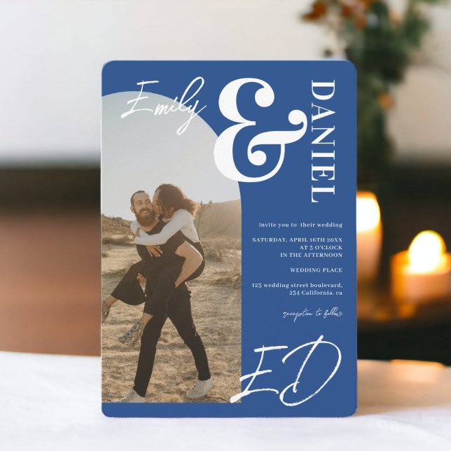 Photos bold names script arch retro blue wedding invitation (Photos bold names script arch retro blue wedding invitation)