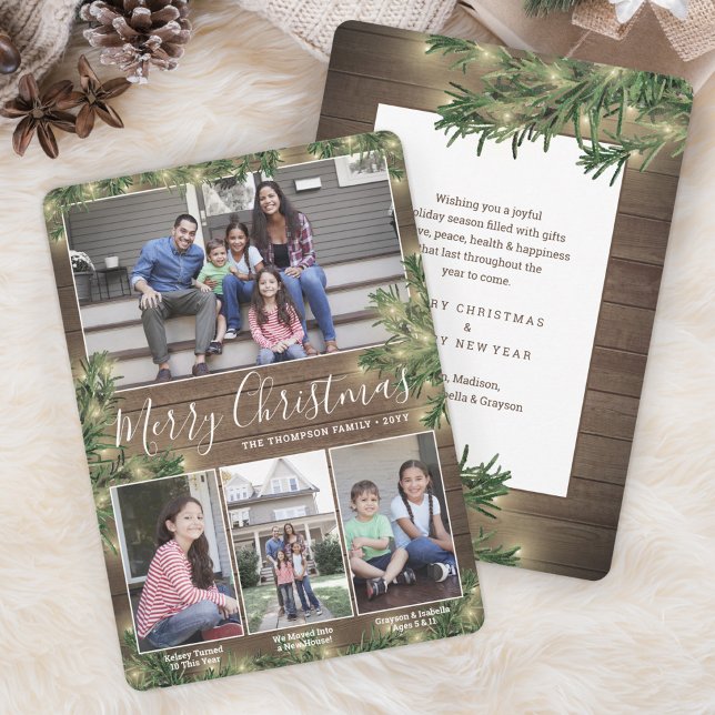 Photos & Captions Christmas Greenery Wood & Lights Holiday Card (Creator Uploaded)