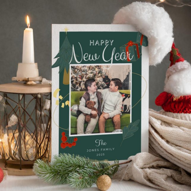 Photos New Year Family Magic Green Red Holiday Card (Photos New Year Family Magic Green Red Holiday happy new year holiday cards joy to the new year)