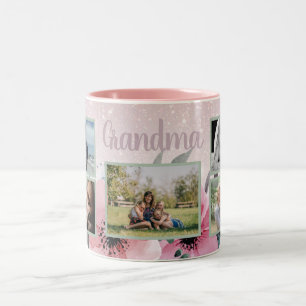 Photos on Pink Glitter and Flowers for Grandma Two-Tone Coffee Mug