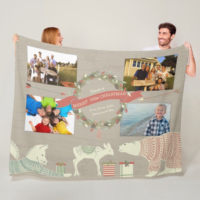 PhotosRustic Polar Bear Fawn Fox Christmas Pattern Fleece Blanket (In Situ)