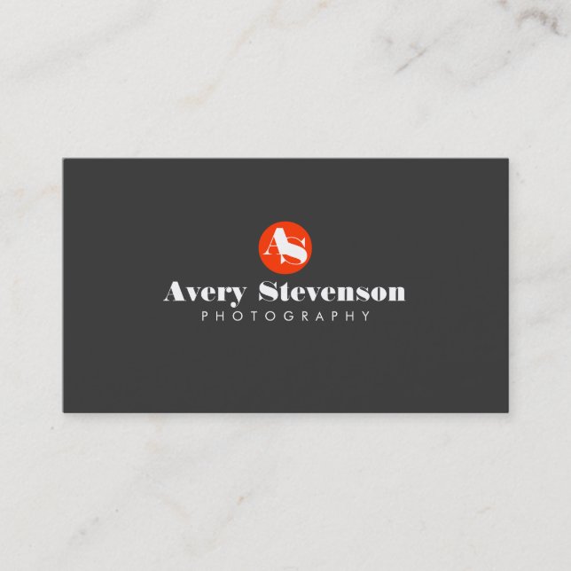 Phototgraphy Red Circle Monogrammed Logo Black Business Card (Front)