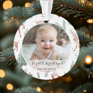 Phto First Christmas Script Classic Rustic Pattern Ornament