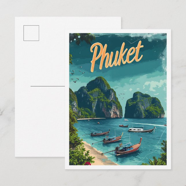 Phuket Thailand Vintage Art Travel Illustration Postcard (Front/Back)