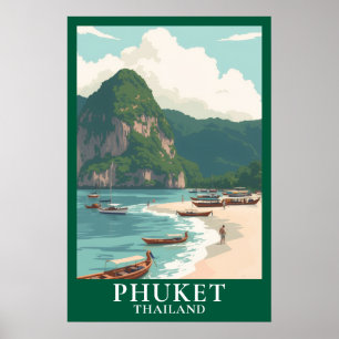 Phuket Thailand Vintage Travel Longtail Boat Beach Poster