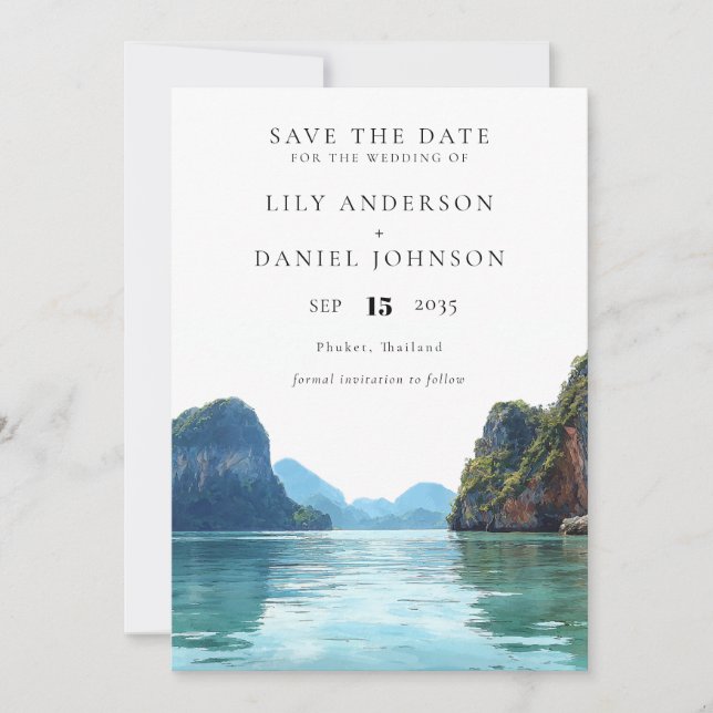 Phuket Thailand Watercolor Destination Wedding Save The Date (Front)