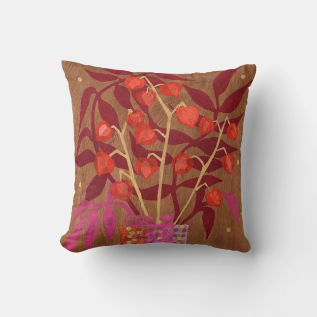 Physalis Chinese Lanterns Paper Collage Floral Art Cushion (Front)