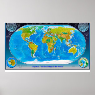 Physical and Political World Map Poster
