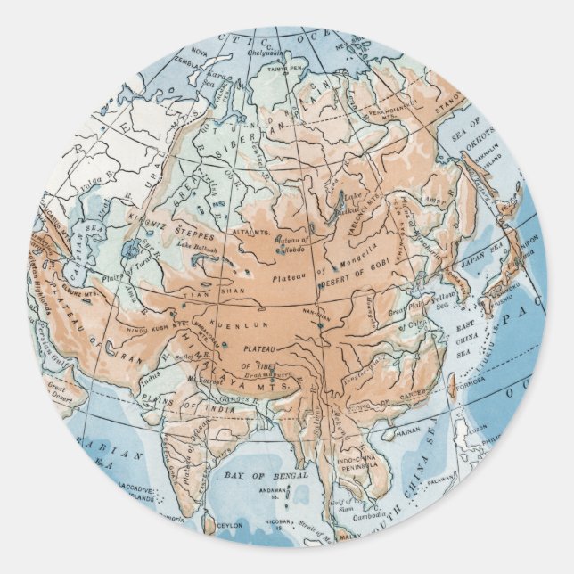 Physical Map of Asia (1916) Classic Round Sticker (Front)