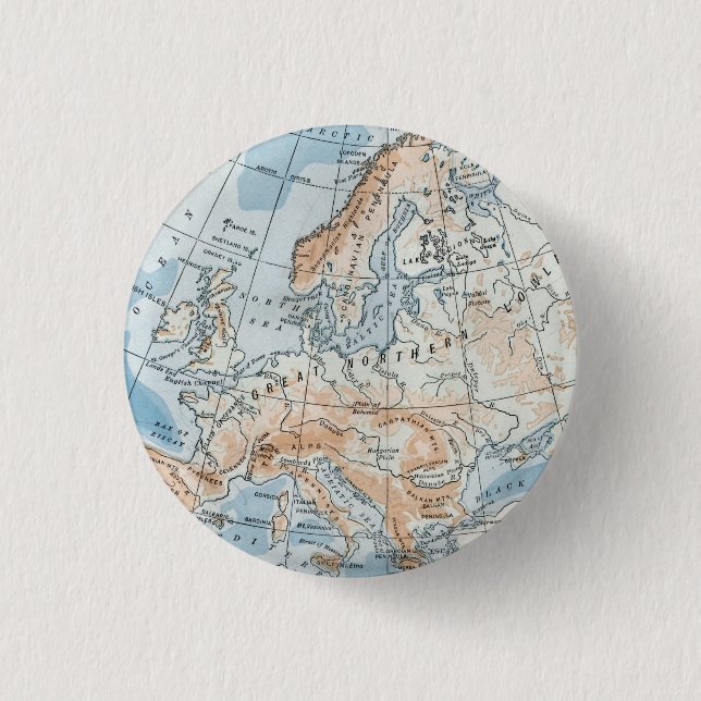 Physical Map of Europe (1916) 3 Cm Round Badge (Front)