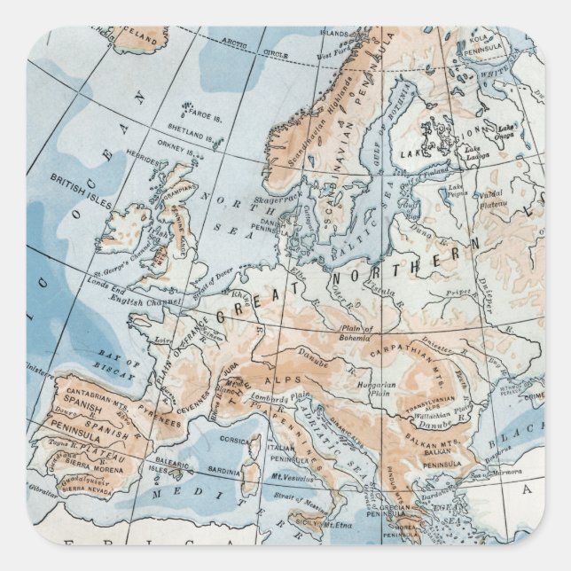 Physical Map of Europe (1916) Square Sticker (Front)