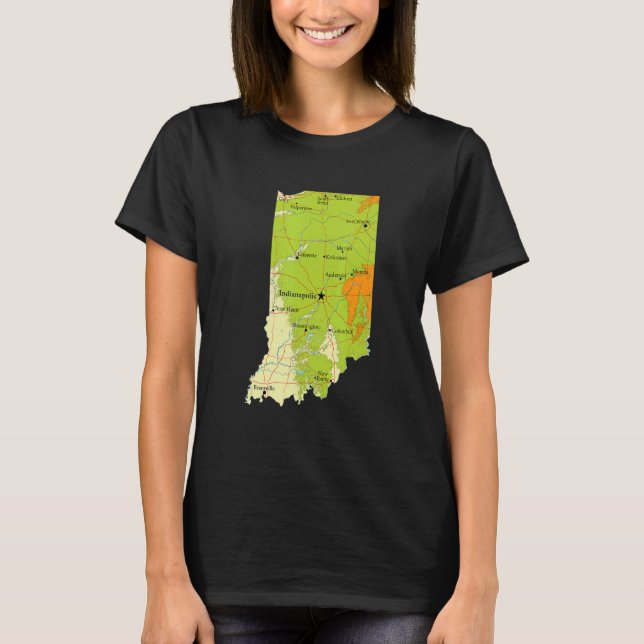Physical Map Of Indiana Major Cities Lakes Rivers  T-Shirt (Front)