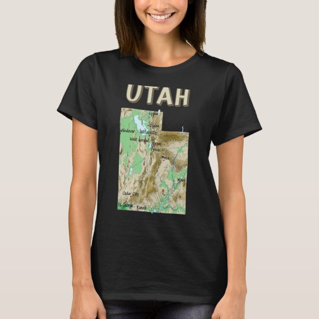 Physical Map Of Utah Major Cities Lakes Rivers Usa T-Shirt (Front)
