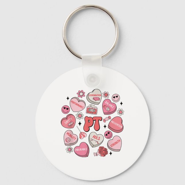 Physical Therapy Groovy Valentines Day Heart Candy Key Ring (Front)