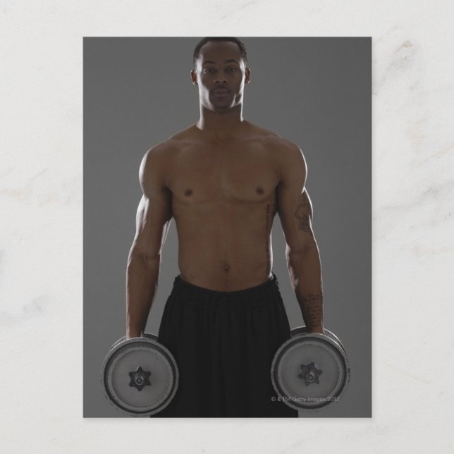 Physically fit man lifting dumbbells postcard (Front)