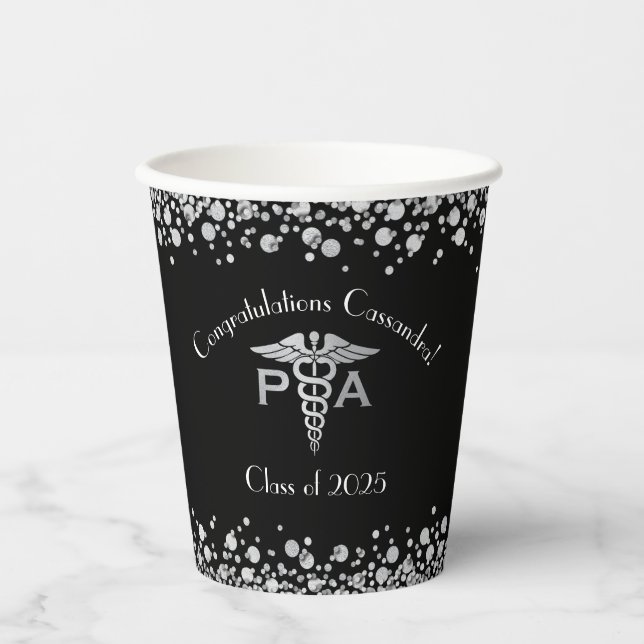 Physician Assistant PA Graduation Black Silver Paper Cups (Front)