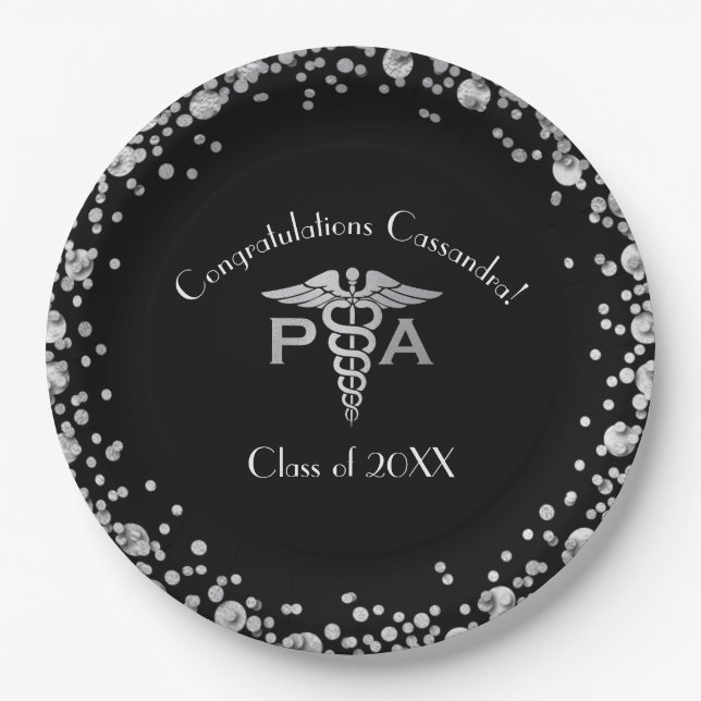 Physician Assistant PA Graduation Black Silver Paper Plate (Front)