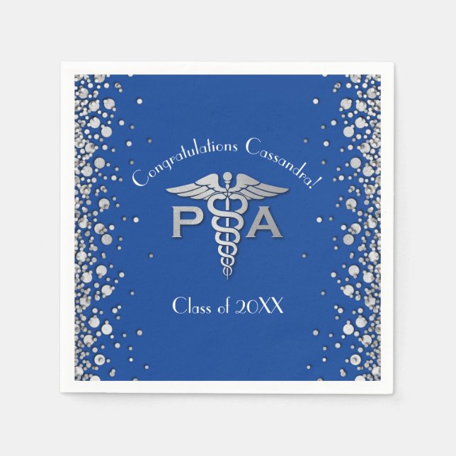 Physician Assistant PA Graduation Blue Silver Napkin (Front)