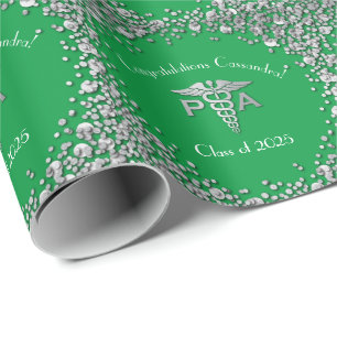 Physician Assistant PA Graduation Green Silver Wrapping Paper