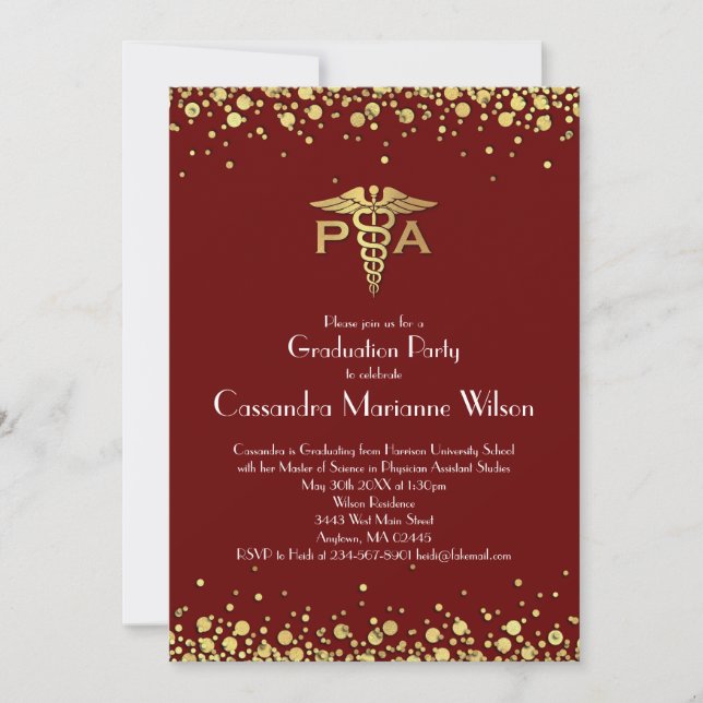 Physician Assistant PA Graduation Maroon Gold Invitation (Front)