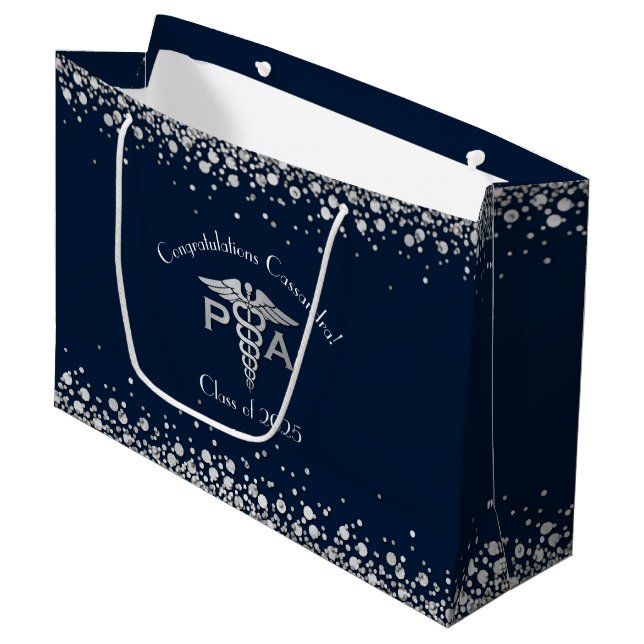 Physician Assistant PA Graduation Navy Blue Silver Large Gift Bag (Front Angled)