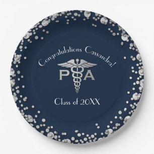 Physician Assistant PA Graduation Navy Blue Silver Paper Plate