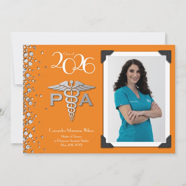 Physician Assistant PA Graduation Orange Silver Invitation (Front)