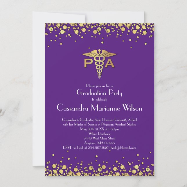 Physician Assistant PA Graduation Purple Gold Invitation (Front)