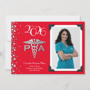 Physician Assistant PA Graduation Red Silver Invitation