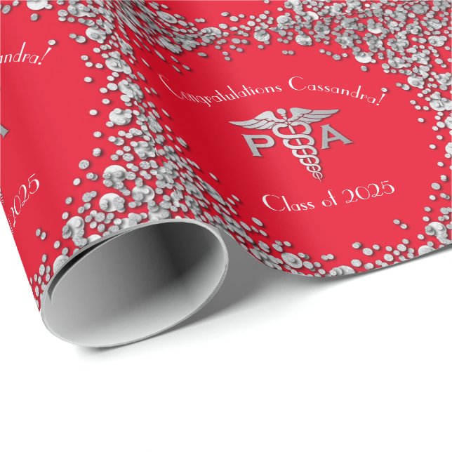 Physician Assistant PA Graduation Red Silver Wrapping Paper (Roll Corner)