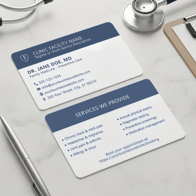 Physician Medical Clinic Minimalist Navy Blue Business Card (Creator Uploaded)