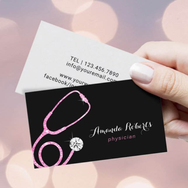 Physician Medical Pink Glitter Stethoscope Doctor Business Card (Creator Uploaded)