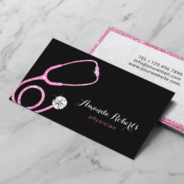 Physician Modern Pink Glitter Stethoscope Doctor Business Card (Creator Uploaded)