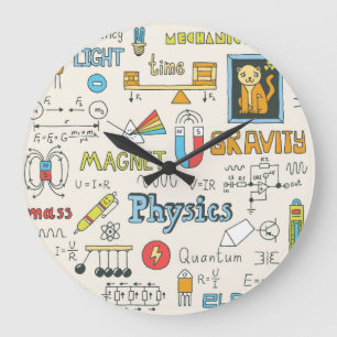 Physics concepts, hand-drawn vintage style. large clock
