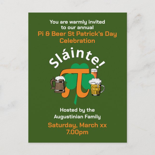PI AND BEER ST PATRICKS DAY Invitation Postcard (Front)