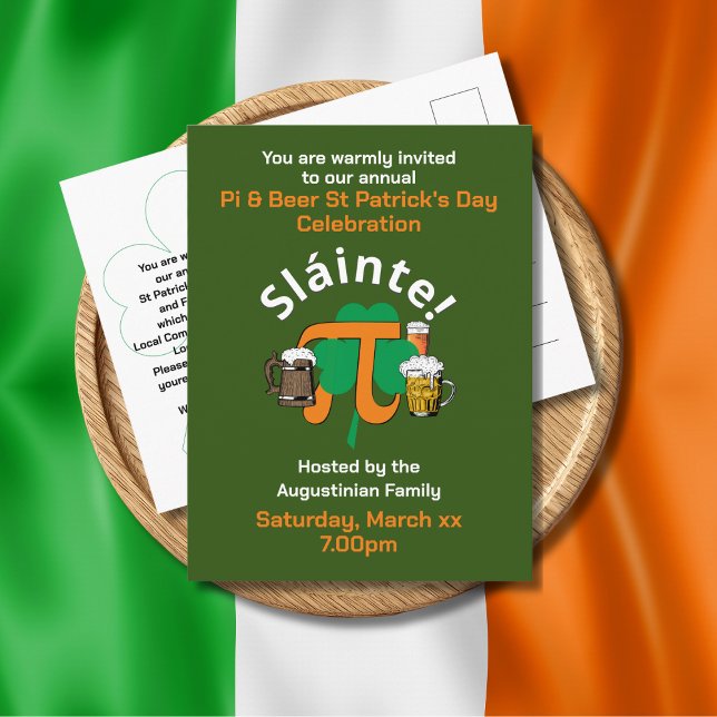 PI AND BEER ST PATRICKS DAY Invitation Postcard (Fun Irish-themed St Patrick's Day Pi and Beer postcard invitation, combined with Pi symbol.)