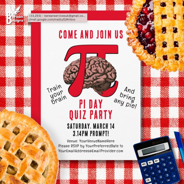 PI DAY Memorisation Party Invitation (Fun PI DAY QUIZ PARTY Invitation to celebrate March 14. Ideal for math quizzes and pie lovers too.)