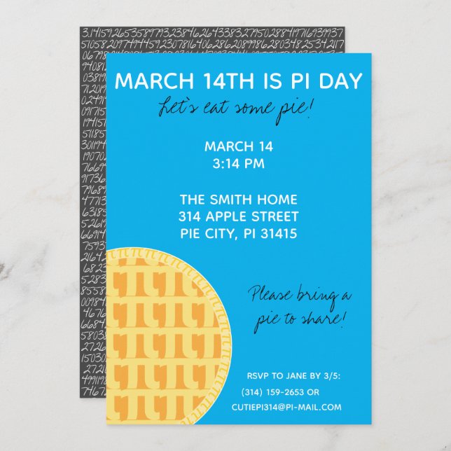 Pi Day Party Invitation w/ Pi Digits on Back! (Front/Back)
