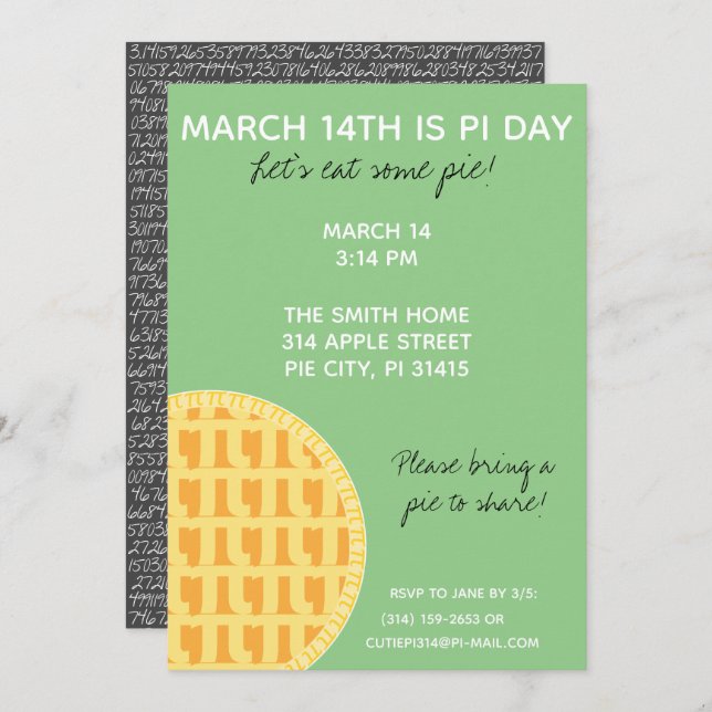 Pi Day Party Invitation w/ Pi Digits on Back! (Front/Back)
