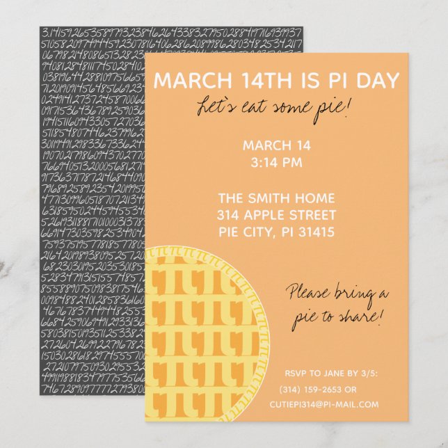 Pi Day Party Invitation w/ Pi Digits on Back! (Front/Back)