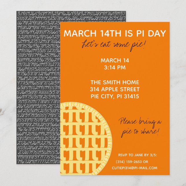 Pi Day Party Invitation w/ Pi Digits on Back! (Front/Back)