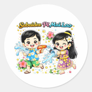 Pi Mai Lao Water Fight – Cute Kids Lao New Year Classic Round Sticker