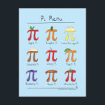 Pi Menu Cute Math Pi Day Postcard<br><div class="desc">Our Pi Menu design makes Postcard to send to a math lover or teacher to say thank you!  Mathematicians,  math tutors,  teachers and baking lovers will love it!</div>