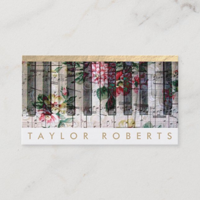 pianist floral music notes decor business card (Front)