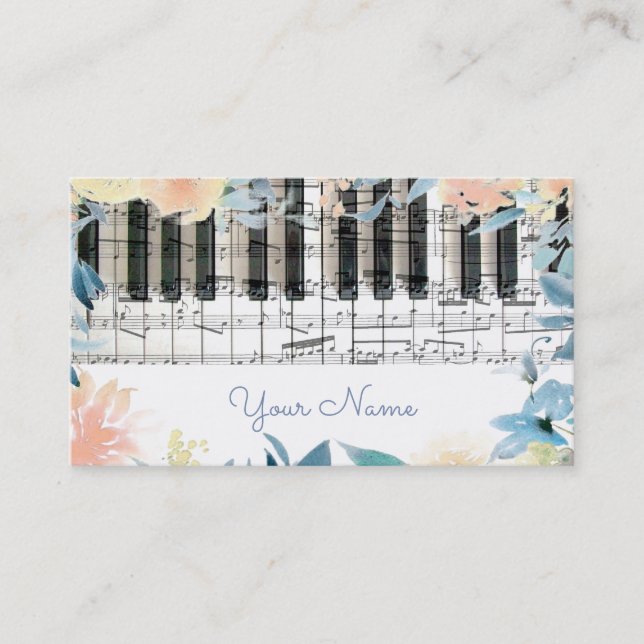 pianist keyboard and watercolor flowers border business card (Front)