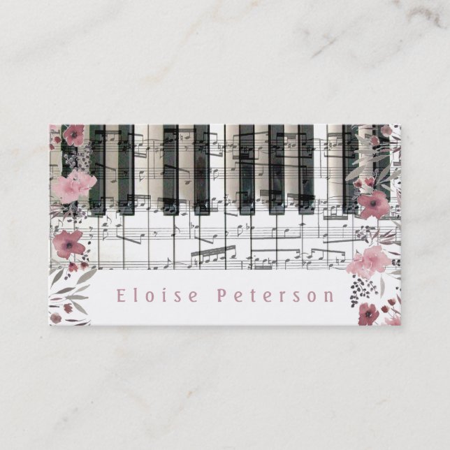pianist keys and pink watercolor flowers business card (Front)