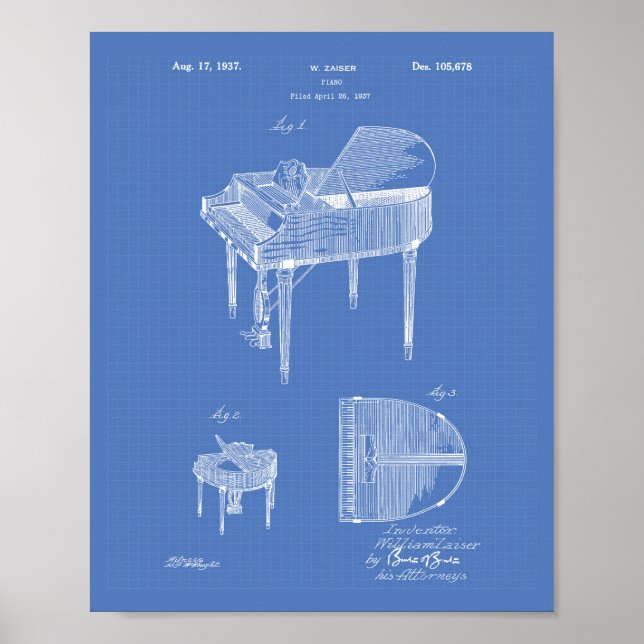Piano 1937 Patent Art Blueprint Poster (Front)