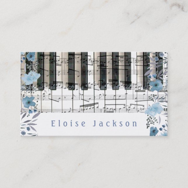 piano and blue flowers decor business card (Front)