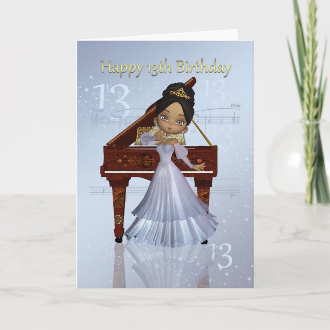 Piano And Music 13th Birthday Card cute African Am (Front)