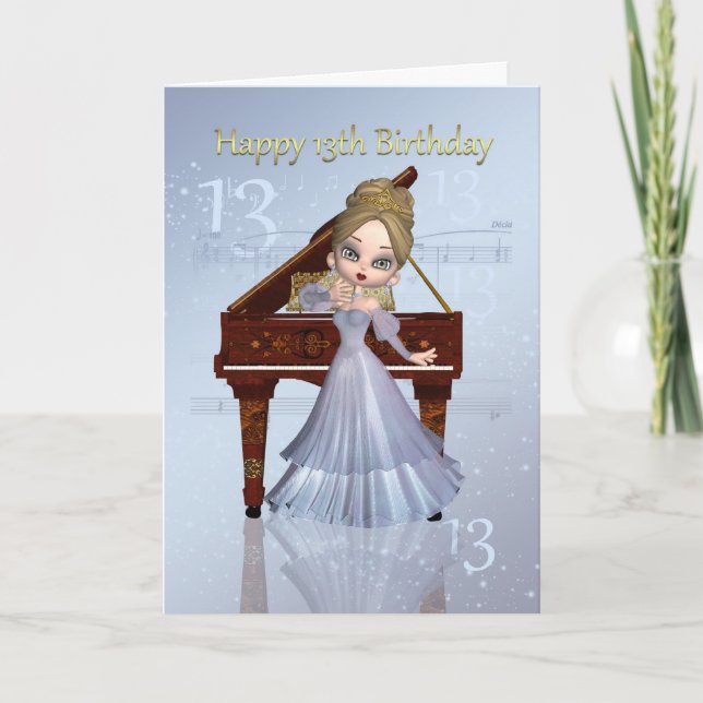 Piano And Music 13th Birthday Card With Cute Young (Front)